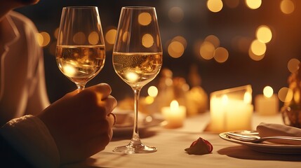 Young couple with glasses of champagne having romantic candlelight dinner at table, closeup