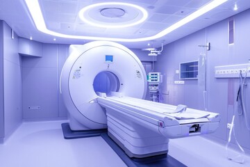 A room with ample space featuring a prominent white machine, Futuristic MRI machine in a high-tech hospital, AI Generated