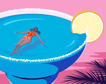 Woman floating in Margarita cocktail glass