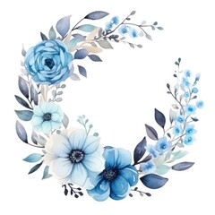 Fototapeta premium Elegant Blue Floral Wreath With Various Blooms and Foliage on White Background