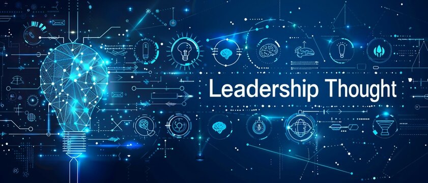 A minimalistic-style banner featuring "Leadership Thought" in blueprint text, accompanied by simple icons of a lightbulb, brain, and thinking bubble. leadership thought concept.