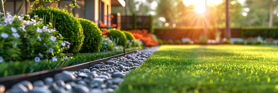 Perfect manicured lawn and flowerbed with shrubs in sunshine, on a backdrop of residential house backyard.
