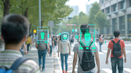 A crowd of people on the street and a facial recognition camera running it. Surveillance and information collection. Camera system analyzing crowd patterns for security.