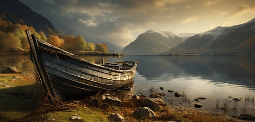 Old wooden boat on the shore of a mountain lake in the mountains. Generative AI