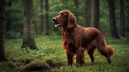 The Irish Setter dog poses with his whole body in nature