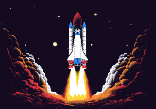 Rocket launch in DIY zine print style with halftone dots, and collage styled colors