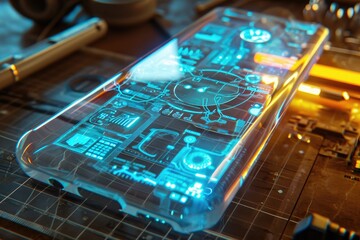 A detailed view of a modern black mobile phone resting on a wooden table, Futuristic transparent phone with holographic display, AI Generated