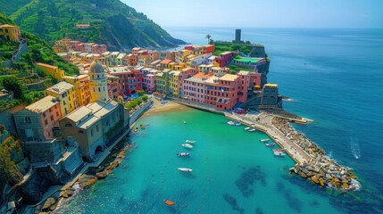 Aerial view of Vernazza and coastline of Cinque Terre,Italy.UNESCO Heritage Site.Picturesque colorful village on rock above sea. - obrazy, fototapety, plakaty