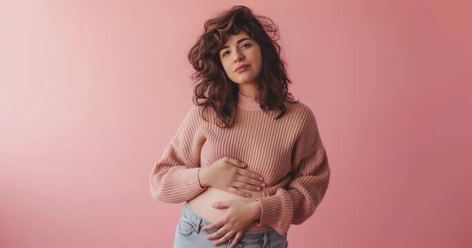Beautiful young pregnant woman in denim jeans holding stomach, first trimester, pink background