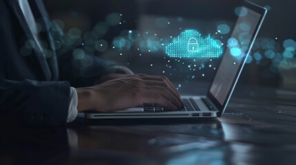 person's hands typing on a laptop with a digital overlay of a secure cloud network graphic, implying a focus on cybersecurity or data protection.