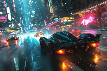 A car with its headlights on drives down a bustling city street lined with tall buildings and illuminated by streetlights, Futuristic vehicles racing in a cybernetic city, AI Generated