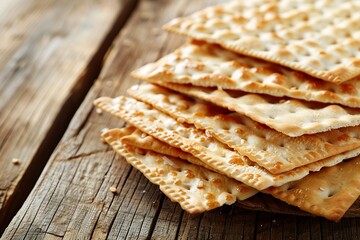 Fototapeta premium Some Matzahs with a crunchy texture and neutral color contrast with the warmth of the environment resting on a table. Traditional unleavened bread for Jewish Passover.