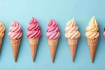 Multiple ice cream cones with a variety of pastel shades on a vibrant pink background.