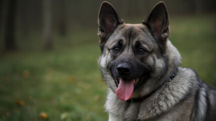 The Norwegian Elkhound dog poses with his whole body in nature