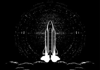 Rocket launch on retro styled black and white illustration. Spaceship take off, vintage scene