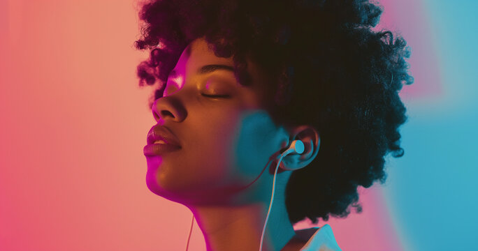 Beautiful black woman listening to music on ear buds headphones, side profile view, pink background