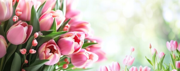 A bountiful bouquet of pink tulips bathed in soft, natural light, exuding freshness and spring vibrancy