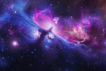 Naklejka premium In this awe-inspiring photo, a vibrant and vivid space scene is revealed, with countless stars illuminating the vast expanse, Galactic panorama featuring an iridescent nebular cloud, AI Generated