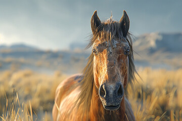 Intense gaze of a wild mustang, untamed and free.  - obrazy, fototapety, plakaty