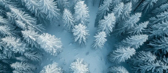 An aerial view of a freezing forest with conifer trees covered in frost and snow, creating an electric blue pattern on the evergreen terrestrial plants.