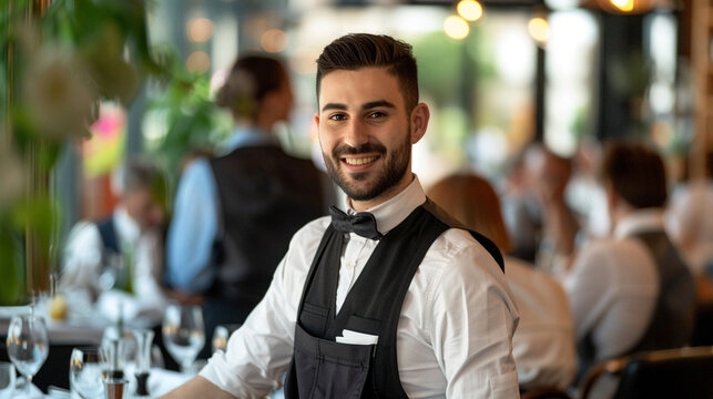 A waiter offering recommendations from the menu with enthusiasm and expertise, guiding guests to make informed choices, good nature, mutual respect, love for people, professionalis