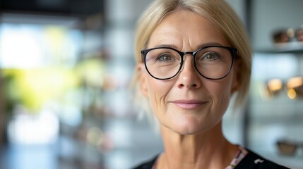 Middle-aged woman trying on new eyeglasses, recommended by experts, at optical shop. eyesight and vision concept - portrait of smiling mature woman trying new glasses at optician store