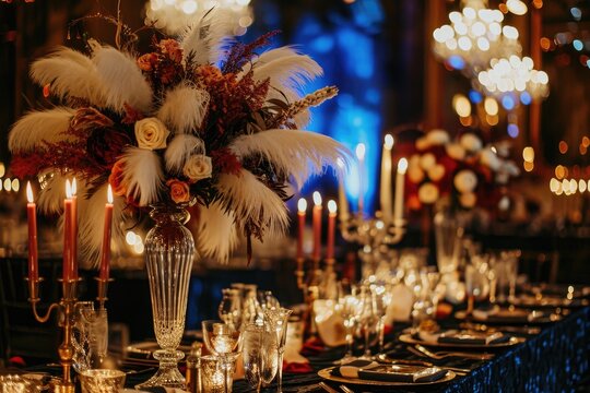 A beautifully arranged table adorned with carefully arranged candles and fresh flowers, creating an elegant ambiance, Gatsby themed wedding set in the roaring 20s, AI Generated