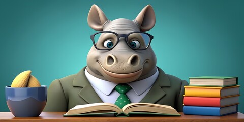 3d simple character rhino sitting by the desk 