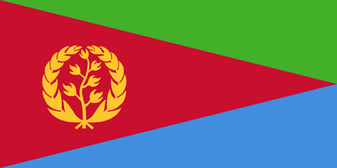 Close-up of green, red blue and yellow national flag of African country of Eritrea with branch and leaves. Illustration made February 20th, 2024, Zurich, Switzerland.