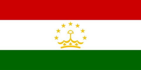 Close-up of red, white, green and golden national flag of Asian country of Tajikistan with golden stars. Illustration made February 20th, 2024, Zurich, Switzerland.