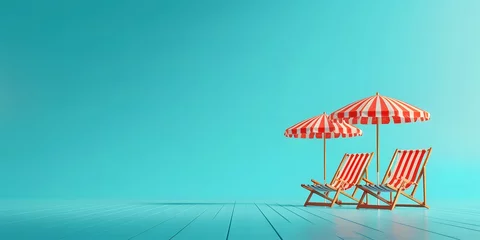 Foto op Plexiglas Chaise lounge or beach chairs and umbrella on blue background, summer banner © Your isolated stock