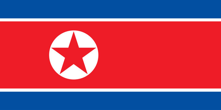 Close-up of blue, white and red national flag of Asian country of North Korea with red star. Illustration made February 20th, 2024, Zurich, Switzerland.