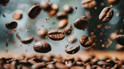 Foto op Plexiglas Close-up of coffee bean in motion, background, menu,  © chui