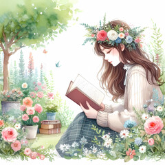 a young girl reading a book in the garden with rose, lavender and flowers around her.