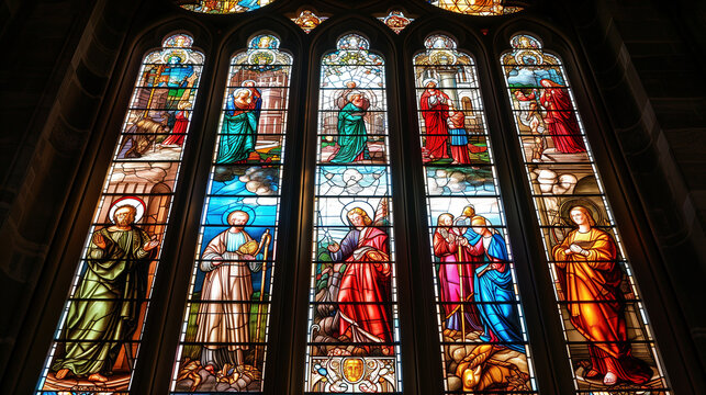 Chapel window with religious scenes