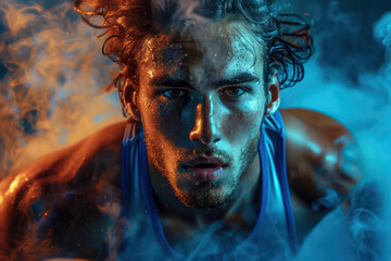 Athlete in concentration, dramatic workout intensity
