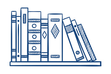 A shelf with various books. Hand drawn vector illustration.