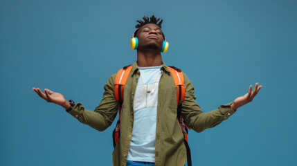 young man with closed eyes, headphones around his neck, raising his hands in a peaceful or relaxed manner