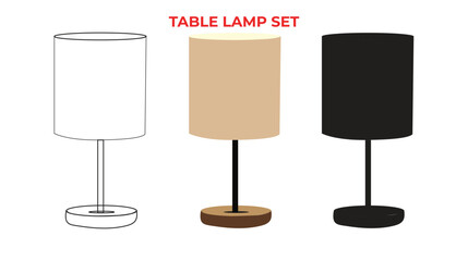 A set of whimsical floor and table lamps featuring various shades on elongated and slender supports. A vector illustration of a design piece for house lighting and décor that is isolated