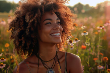 Happy woman in field of daisies at sunset - obrazy, fototapety, plakaty