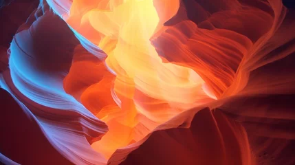 Foto op Canvas Picturesque shapeless colorful art of natural landscapes in Lower Antelope Canyon in Page Arizona with bright sandstones stacked in flaky fire waves © SULAIMAN