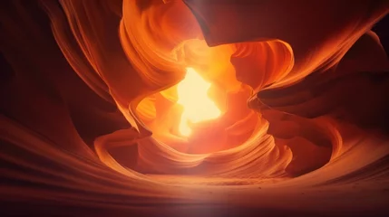 Gordijnen Picturesque shapeless colorful art of natural landscapes in Lower Antelope Canyon in Page Arizona with bright sandstones stacked in flaky fire waves © SULAIMAN