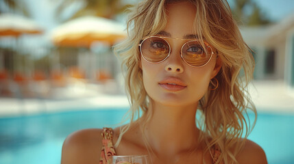 Fototapeta na wymiar Beautiful girl with blond hair and glasses, with a glass of alcohol near the pool in summer