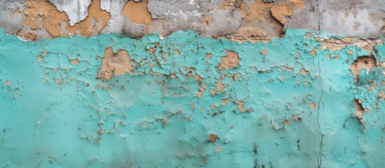 A close up of a rusty metal wall with peeling paint, creating an artful pattern resembling the colors of azure and aqua, with a liquidlike texture - obrazy, fototapety, plakaty