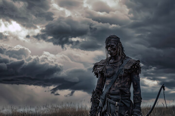 Warrior standing in a stormy field, dramatic sky - obrazy, fototapety, plakaty
