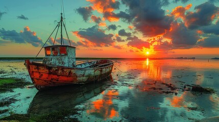 Fishing boat at sunset time. Le Morn Brabant on background. - obrazy, fototapety, plakaty