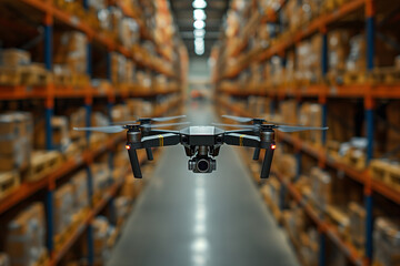 FPV drone is flying through the warehouse. Drone with digital camera, modern innovative technology, robotics, parcel drone. Smart automation, delivery innovations, automatic logistics management - obrazy, fototapety, plakaty