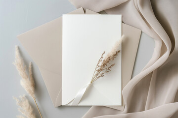 Wedding invitation mockup. Blank template for design or product placement. Blank card on neutral background with soft fabric and flowers. Elegant wedding flat lay composition