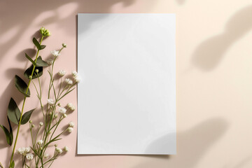 Wedding invitation mockup. Blank template for design or product placement. Blank card on neutral background with flowers. Elegant wedding flat lay composition