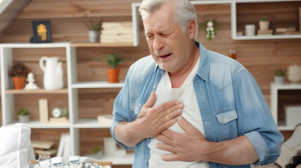 Caucasian elder man with chest pain. Heart attack patient. - Powered by Adobe